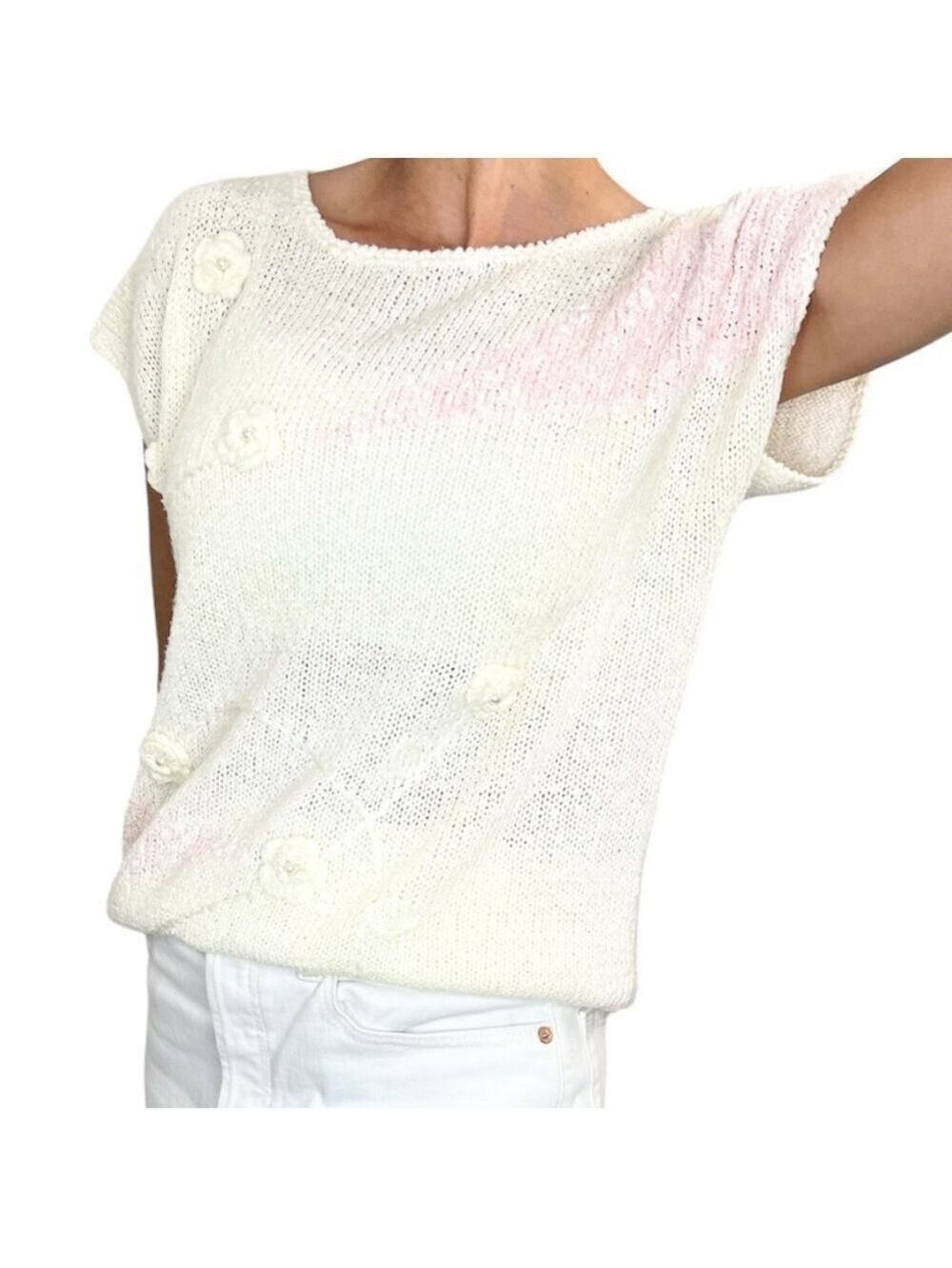 Vintage Marella pink cream dolman sleeve floral embroidered sweater